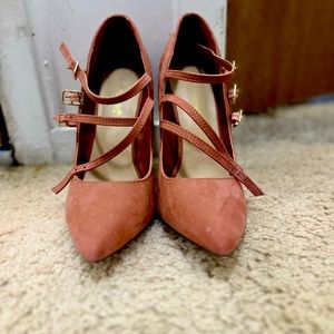 Pink suede heels from Shoedazzle